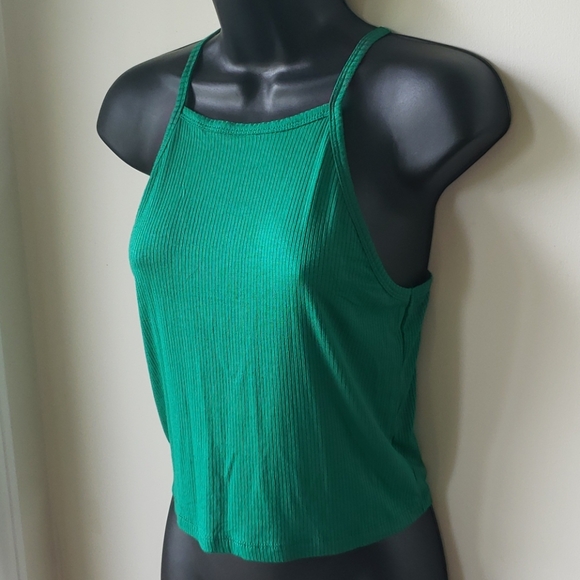 Ribbed Tank Crop Top sz L Green - Picture 2 of 9